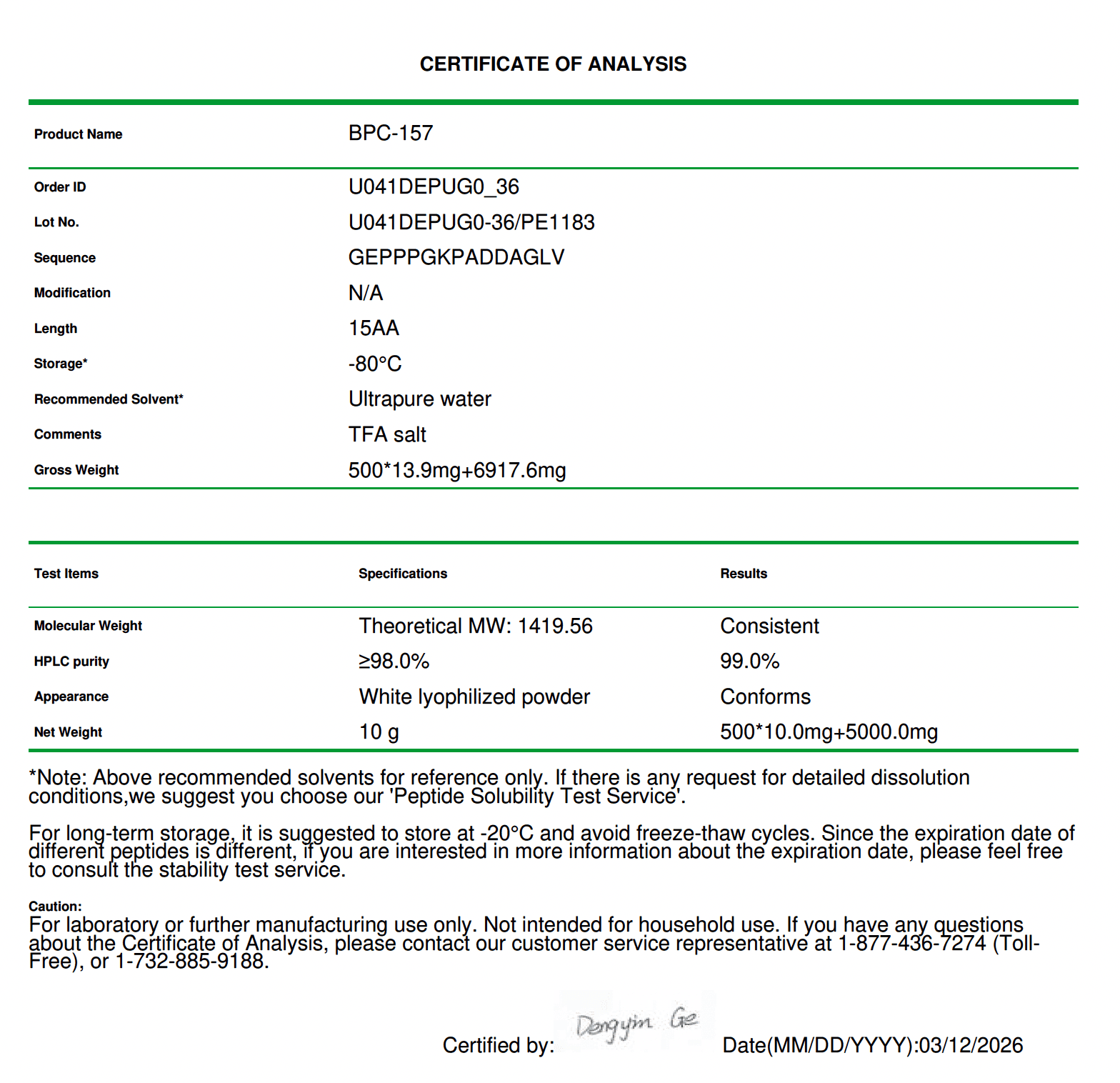 BPC-157 Certificate of Analysis