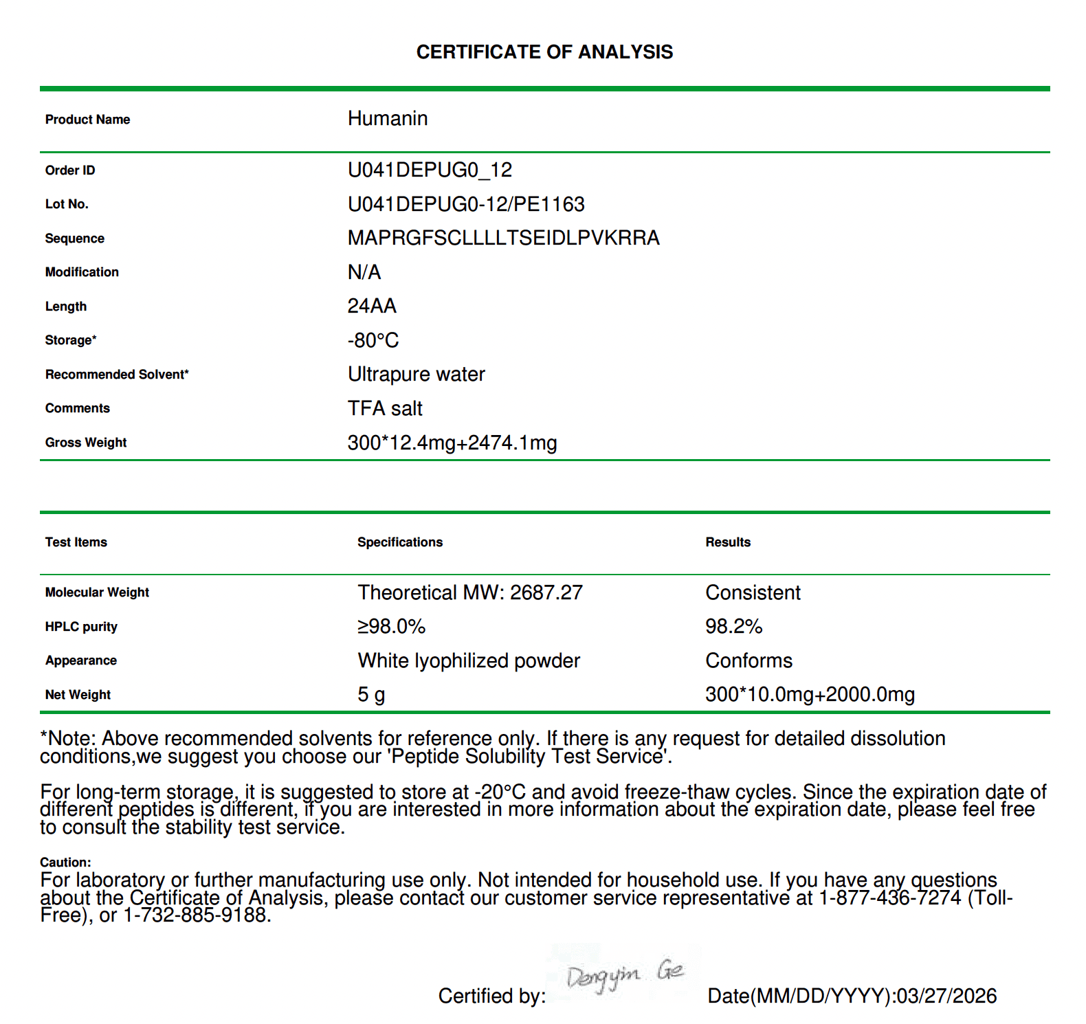 Humanin Certificate of Analysis