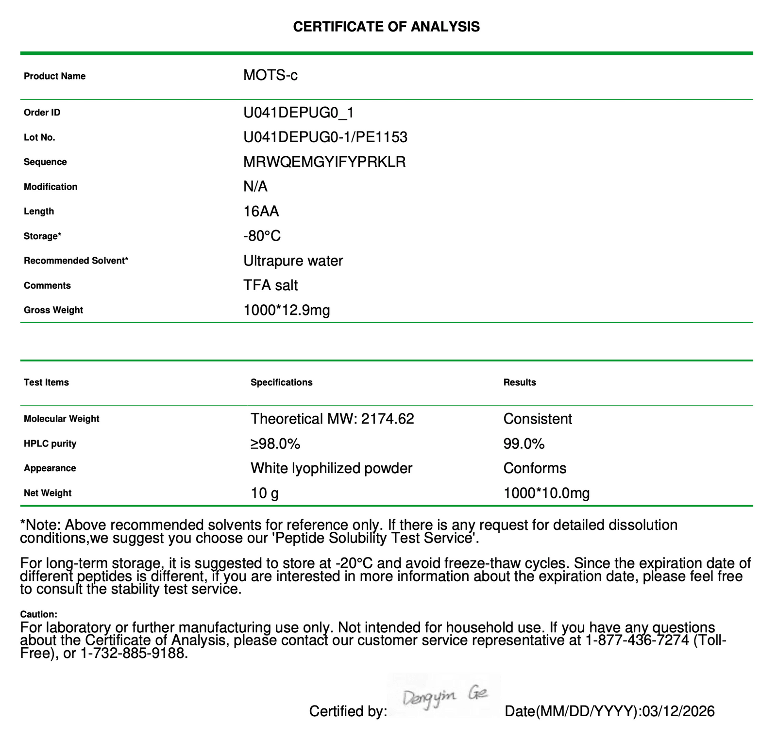 MOTS-c Certificate of Analysis