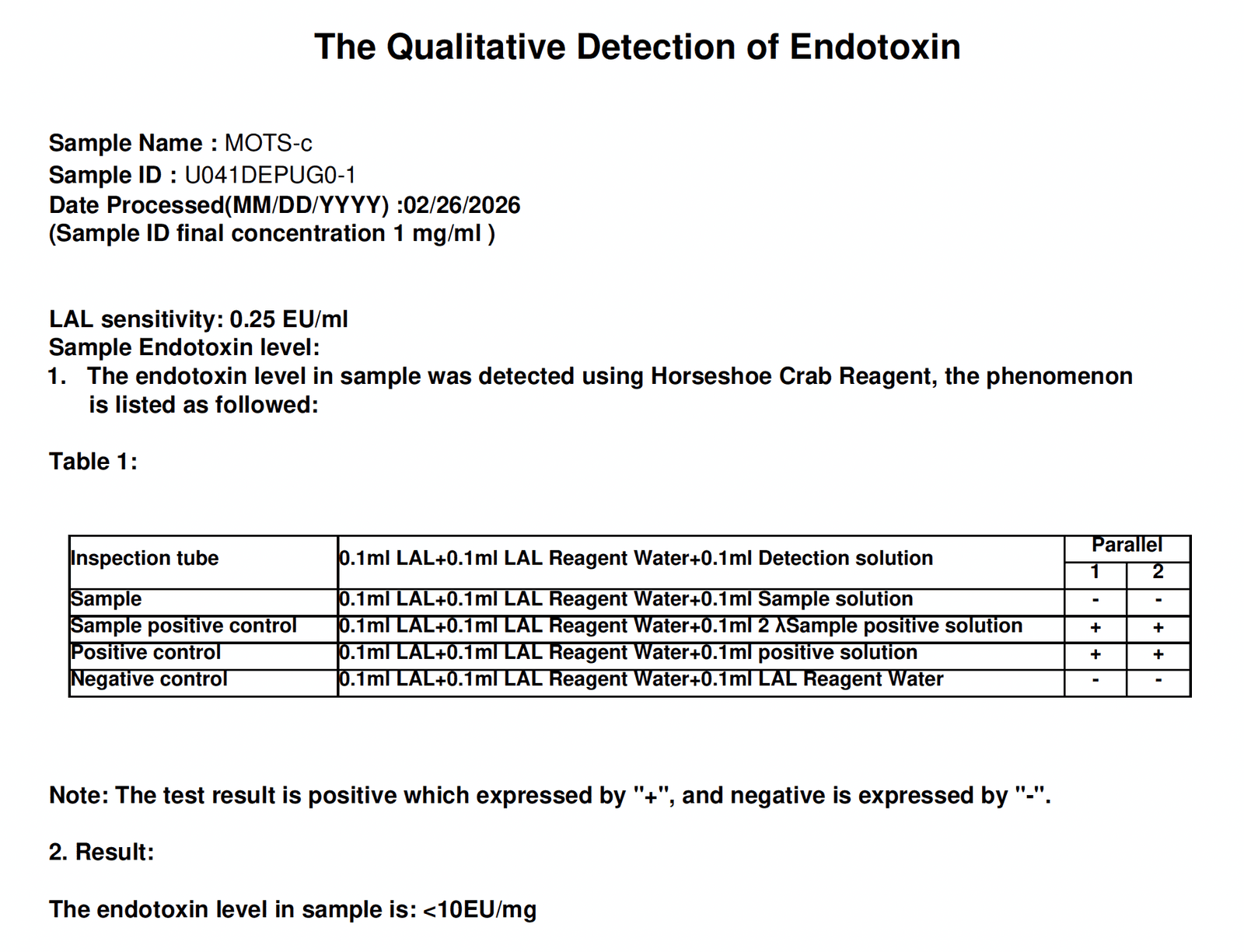 MOTS-c Endotoxin Report
